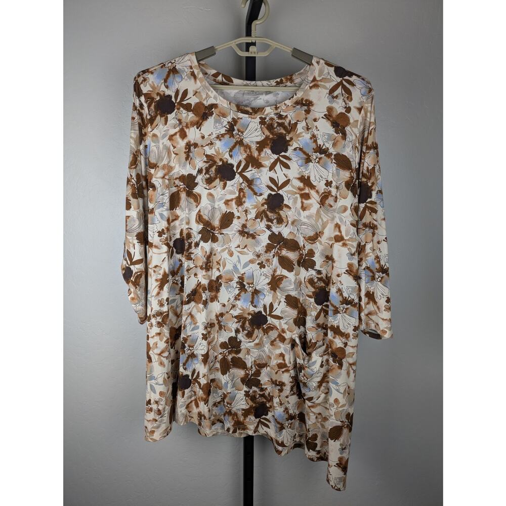 LOGO by Lori Goldstein 4X Tunic Length Top Asymmetric Hem Pocket brown floral